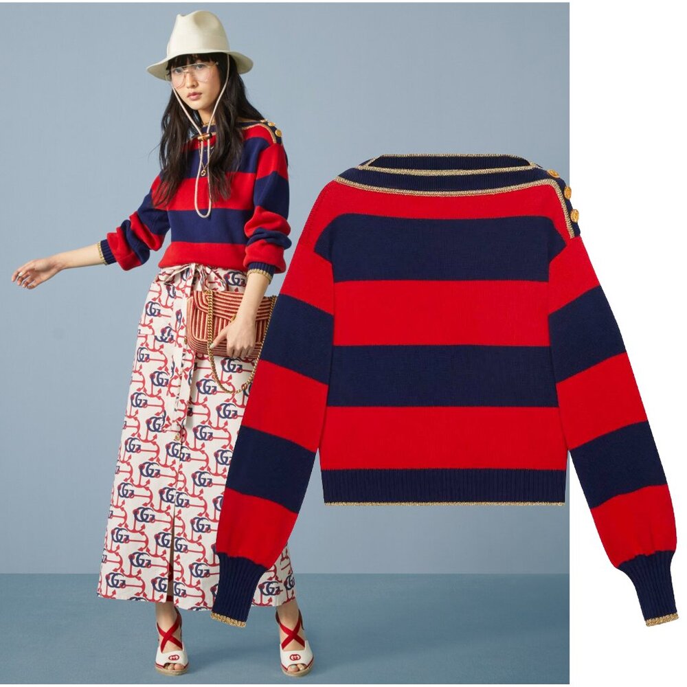 GUCCI SWEATER STRIPED COTTON RED & BLUE JUMPER w LOGO BUTTONS